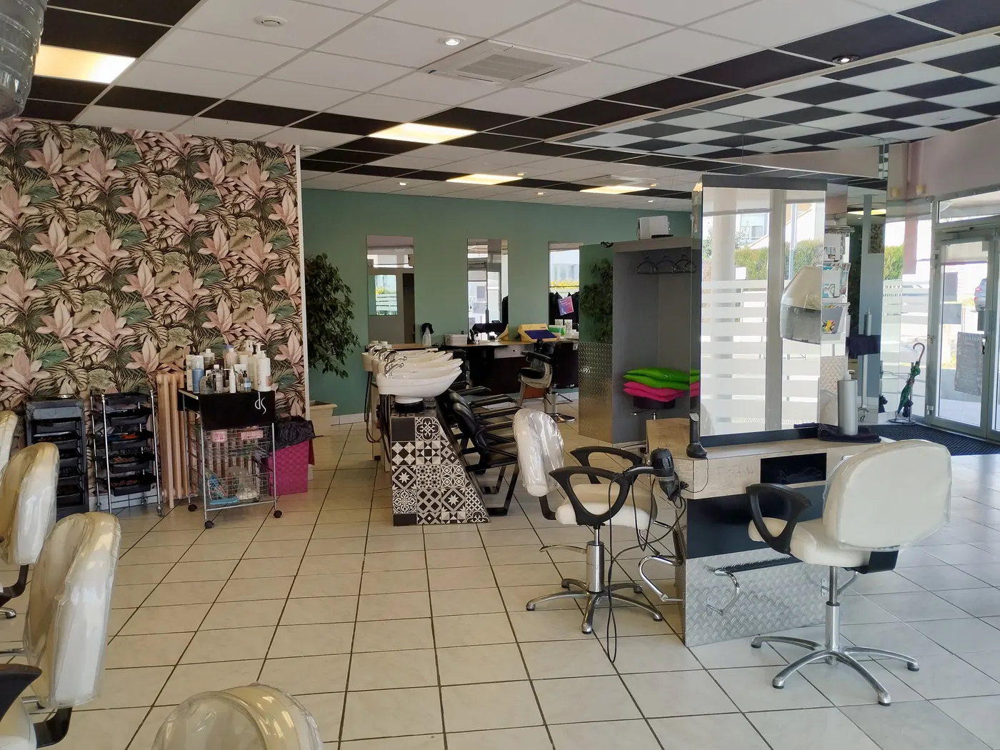 Vue du salon, les postes de coupe, les bacs et le mur à feuilles